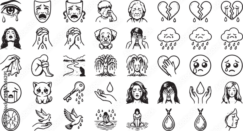 Fototapeta premium Sadness and Emotional Expression Icon Set Featuring Depression, Grief, Tears, Broken Heart, and Mental Health Symbols