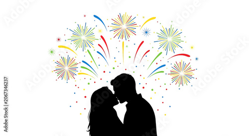 Tableau sur toile Romantic couple kissing with colorful fireworks exploding