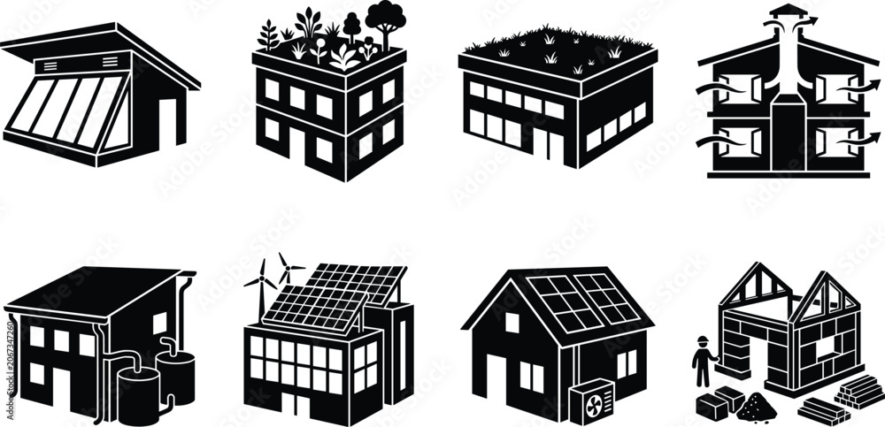 Fototapeta premium Sustainable Green Building and Eco Friendly Architecture Black and White Icon Set