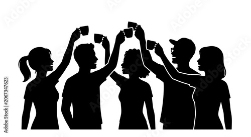 Bild auf Leinwand Silhouette of diverse people cheering with coffee cups, group of friends toastin