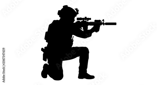 Photography Tactical soldier silhouette kneeling with rifle, military special forces operato