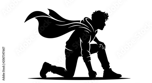 Canvastavla Superhero silhouette landing pose, black and white vector of a powerful hero wit