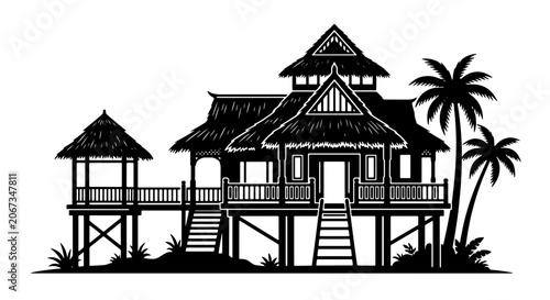 Tableau sur toile Traditional tropical beach house vector, black and white stilt villa with palm t