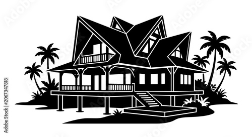 Obraz na plátně Tropical beach house silhouette vector, luxury island villa with palm trees, bla