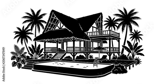 Obraz na plátně Tropical beach villa silhouette, luxury island resort bungalow with swimming poo