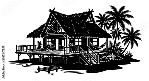 Tableau sur toile Tropical beach bungalow vector illustration, exotic island hut with palm trees,