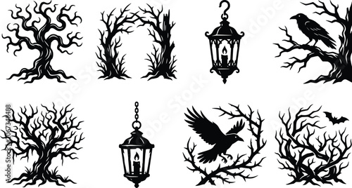 Collection of spooky Halloween silhouettes featuring dead bare trees vintage lanterns flying ravens thorns and bats on white background