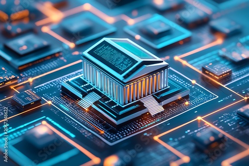 Close up view of a computer circuit board with microchips, processor, and electronic components showing detailed hardware and semiconductor technology