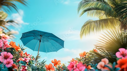 Tropical beach with palm trees under a blue sky by the ocean on a sunny summer day