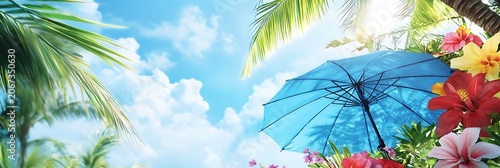 Tropical beach with palm trees under a blue sky by the ocean on a sunny summer day