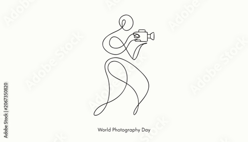 Continuous line drawing of photographer, World Photography Day icon, minimal illustration, simple logo