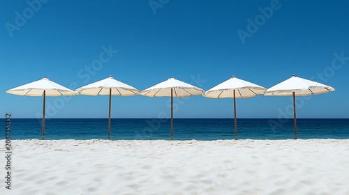 Tropical beach with colorful umbrellas on sandy shore by the ocean under a sunny sky