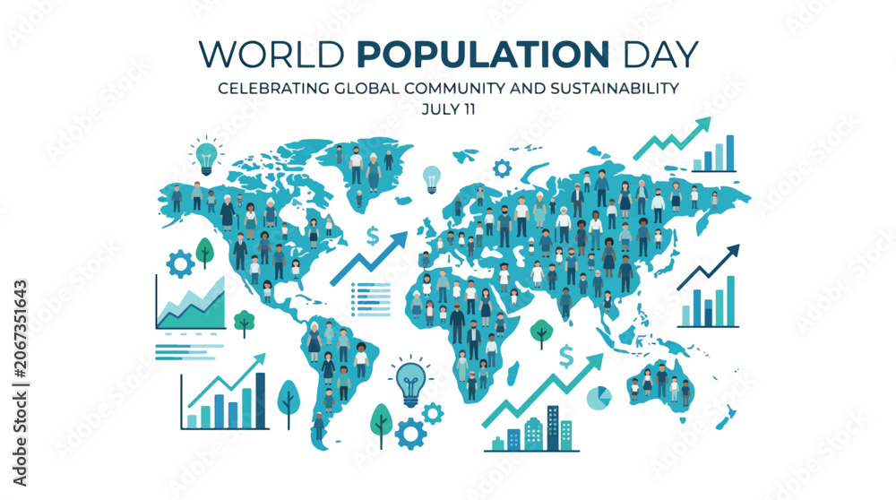 Naklejka premium World Population Day celebrations show diverse global community sustainability on July 11 with people icons