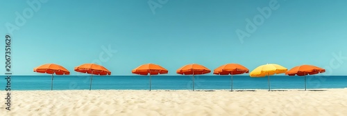 Tropical beach with colorful umbrellas on sandy shore by the ocean under a sunny sky