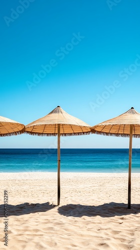 Tropical beach with colorful umbrellas on sandy shore by the ocean under a sunny sky