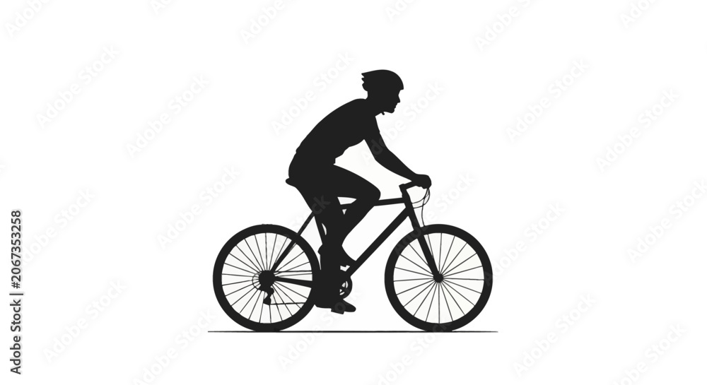 Obraz premium Full side profile black silhouette of a person wearing a helmet and cycling gear riding a road bicycle, isolated on a solid white background with a thin horizontal ground line.