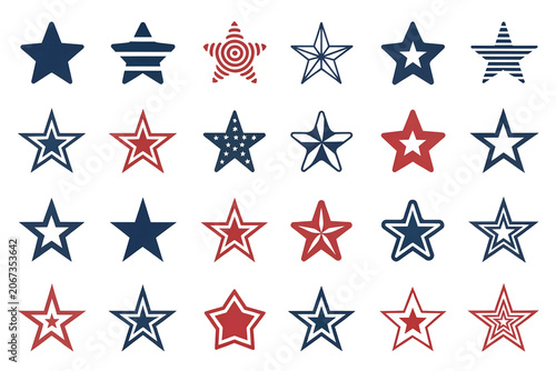 Large collection of patriotic red and blue star icons in various styles and patterns on white for independence day and American holiday graphic design