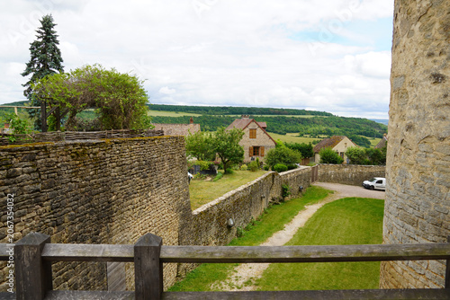 View from the entrance of Châteauneuf castle of the surroundings and the village. June, France, Burgundy. Côte-d’Or