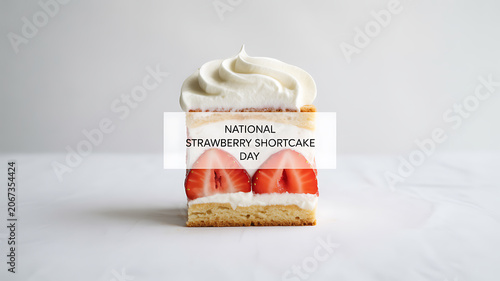 A slice of strawberry shortcake with whipped cream and fresh strawberries, celebrating National Strawberry Shortcake Day