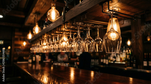 Stylish bar scene with hanging glasses and warm lighting