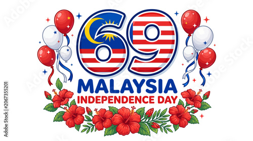 Festive graphic for Malaysia's 69th Independence Day with national flags and floral accents.