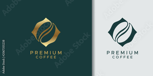 Two elegant premium coffee logos featuring a stylized golden coffee bean icon within a decorative frame on dark teal and a dark teal bean on a light background.