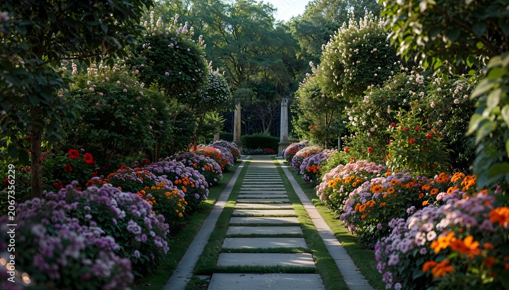 Obraz premium Beautiful Blooming Garden Pathway with Colorful Flowers and Lush Green Landscape