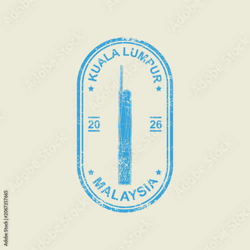 Vintage Merdeka 118 passport stamp vector featuring distressed rubber stamp style. Modern Kuala Lumpur skyscraper landmark suitable for travel and tourism design projects.