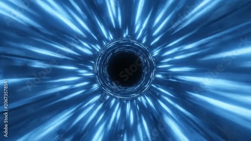 Abstract blue light rings forming a glowing tunnel in space