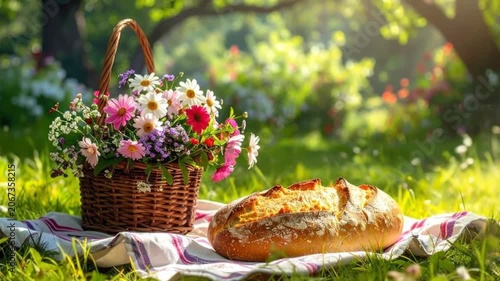 A rustic picnic basket with fresh bread sits on green grass