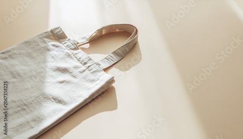A minimalist light-colored fabric tote bag lying on a beige surface with soft natural light and shadows.