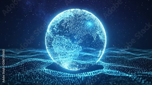 A glowing digital sphere floats above a textured data landscape