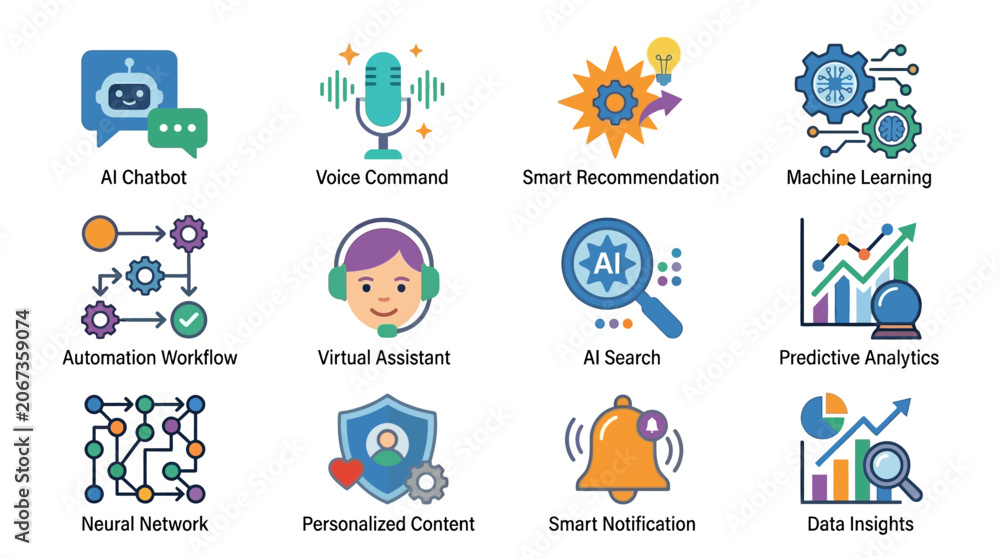 Fototapeta premium Infographic illustration shows AI chatbot and automation workflow concepts with various icons.