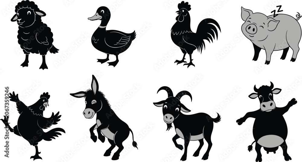 Fototapeta premium Cute Farm Animal Silhouette Collection Set with Funny Domestic Livestock CharactersCute Farm Animal Silhouette Collection Set with Funny Domestic Livestock Characters