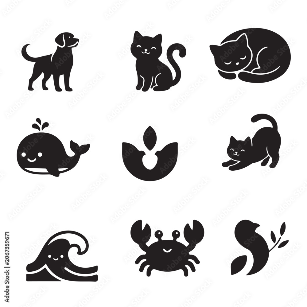 Obraz premium Cute Animal Icons Vector Set – Dog, Cat, Whale, Crab & Nature Symbols .