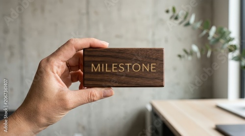 Hand holding a wooden block engraved with the word Milestone