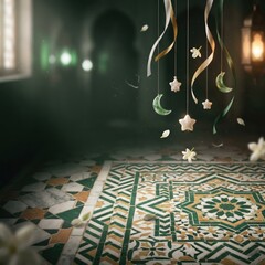 Islamic geometric patterns on floor tiles with hanging crescent moons and stars decorations, festive celebration conceptual background