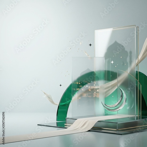 Islamic crescent moon and mosque silhouette with abstract geometric shapes and flowing fabric elements