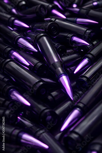 Close-up of futuristic bullets with dark metallic casings and glowing purple tips. The angled composition creates depth and a cyberpunk aesthetic with sleek, reflective surfaces