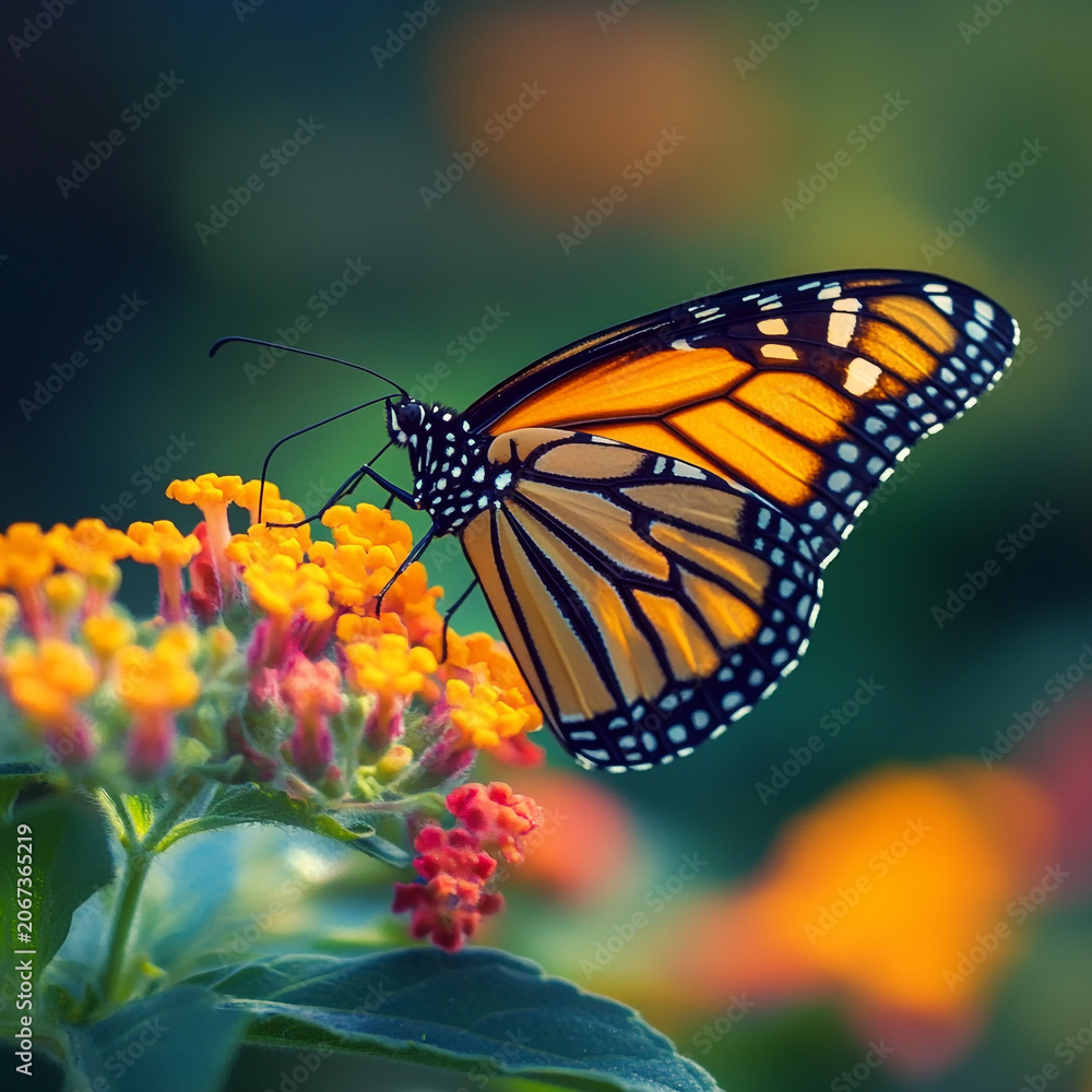 Obraz premium Monarch butterfly perching on vibrant lantana flowers in a tranquil garden setting.