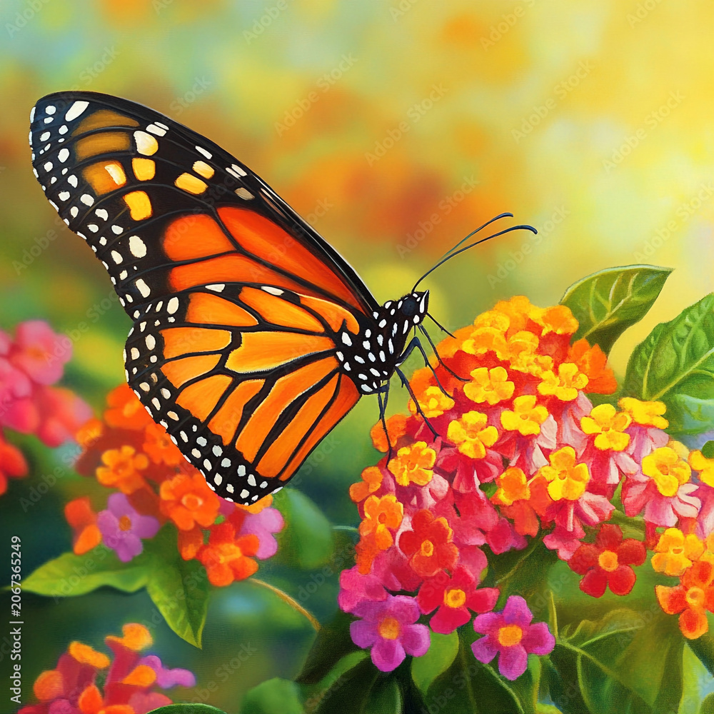 Obraz premium Monarch butterfly on colorful lantana flowers in a vibrant sunlit garden setting.