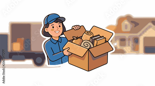 A delivery person in blue holds an open cardboard box