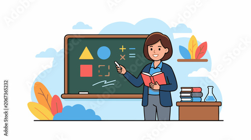 A teacher stands in front of a chalkboard with geometric shapes and holds a book