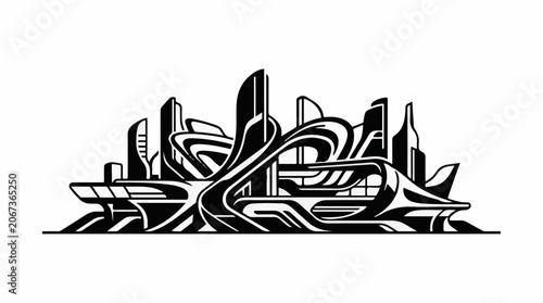 A futuristic cityscape with abstract skyscrapers and curvy roads