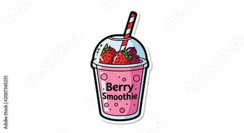 A cartoon-style illustration of a pink berry smoothie with straw and fruit