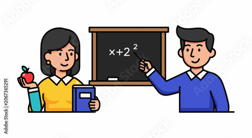 A teacher and student in a classroom with a blackboard