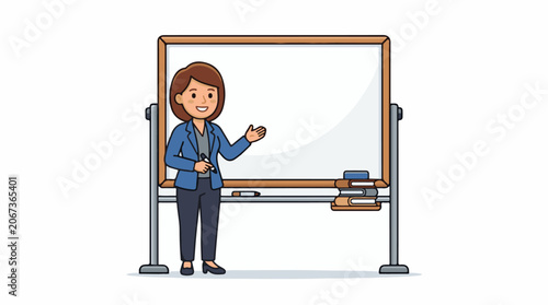 A woman in business casual attire stands beside a large whiteboard