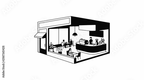 A black and white illustration of a modern coffee shop interior with customers and staff