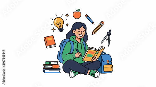 A girl sits cross-legged with school supplies and books around her