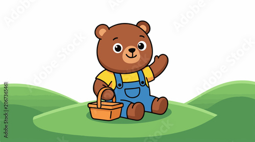 A cartoon brown bear in blue overalls and a yellow shirt sits on green grass with a basket